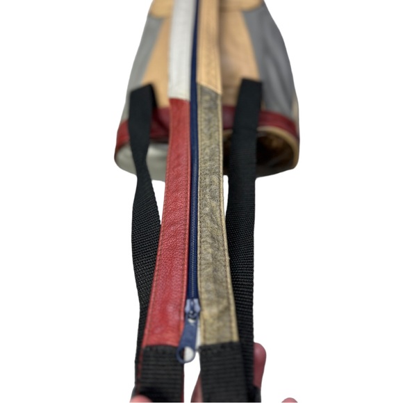 VTG 90's Gray Brown Cream Red Leather Mini Backpack with Zipper Straps - Picture 10 of 16